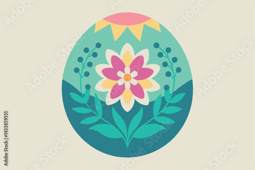 Colorful floral design in pastel tones, featuring a blossom and leaves, complemented by a sun motif in the background