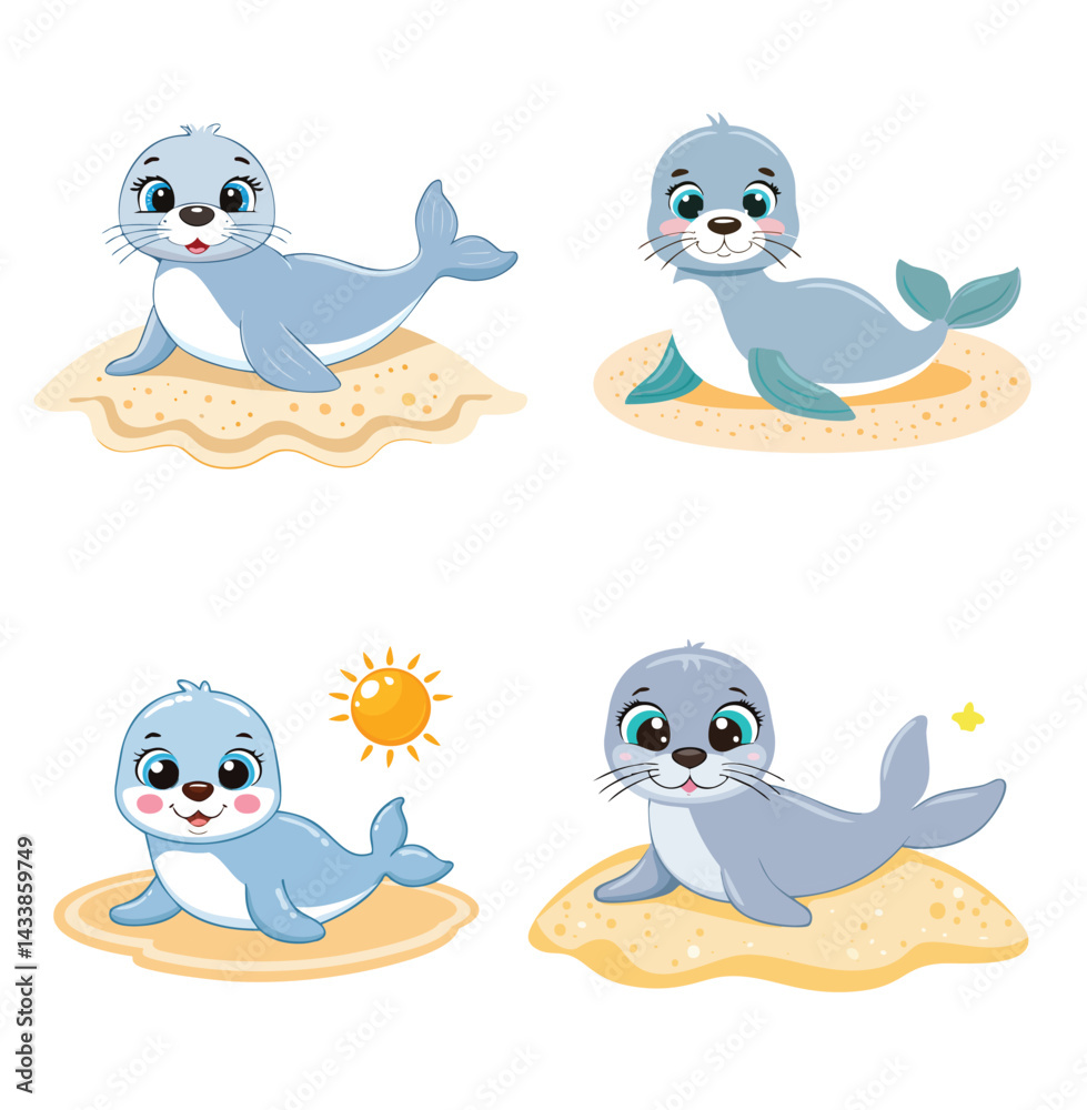 Obraz premium Cute Baby Seal on Sandy Shore Vector Bundle Set