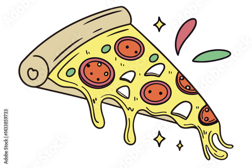 Slice of cheesy pepperoni pizza with colorful toppings and melting cheese served on a plate