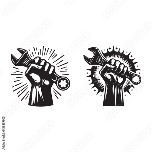  Set of Powerful Fist Holding Wrench Black White Labour Day silhouette Line Art Designs vector art illustration 