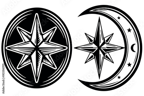 Unique compass and crescent moon design with intricate details showcasing celestial themes and navigational symbols