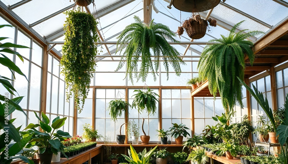 Beautiful winter garden with lush green plants and bright natural light