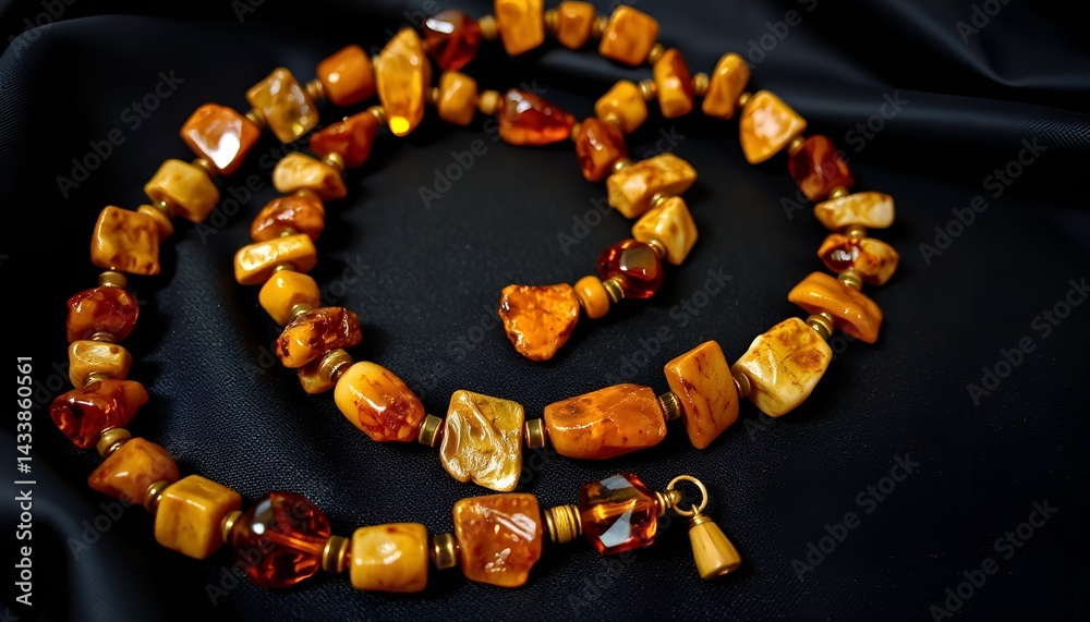 Raw amber jewelry necklace with natural stones on dark fabric