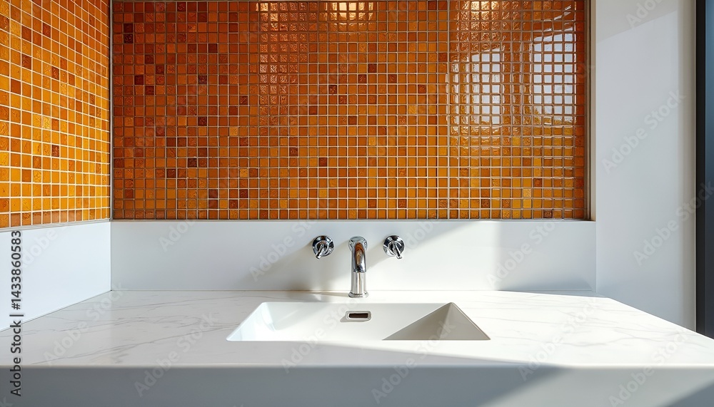 Amber mosaic panel in a modern bathroom interior with sleek design