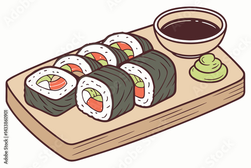 Sushi rolls served on a wooden platter with dipping sauce and wasabi during a casual dining experience