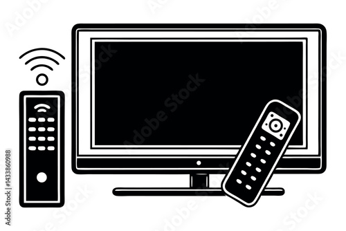 Interactive television setup featuring remote controls and a black screen in a modern living space