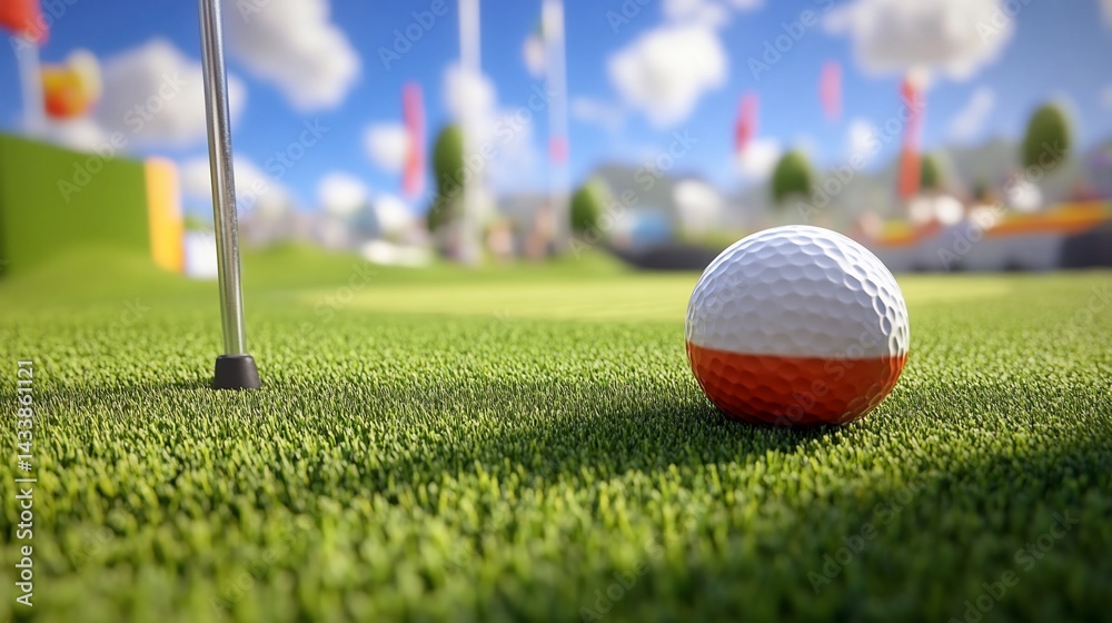 Miniature golf course with a ball. Green, bright, fun