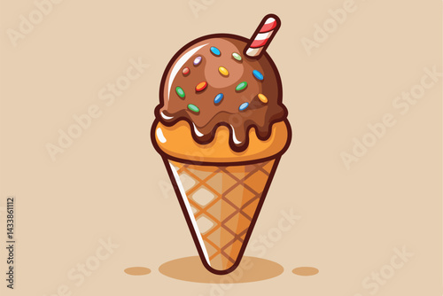 Colorful ice cream cone with chocolate and sprinkles on a light background