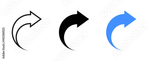 Black arrows set. Curved arrows. Arrow sign. Curved arrow pointing right. Black and blue arrow. Vector 10 eps.