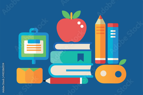 Colorful school supplies, books, and apple arranged in a vibrant design for educational themes