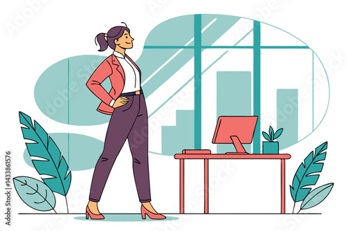 Professional woman confidently standing in an office environment with contemporary decor during daytime