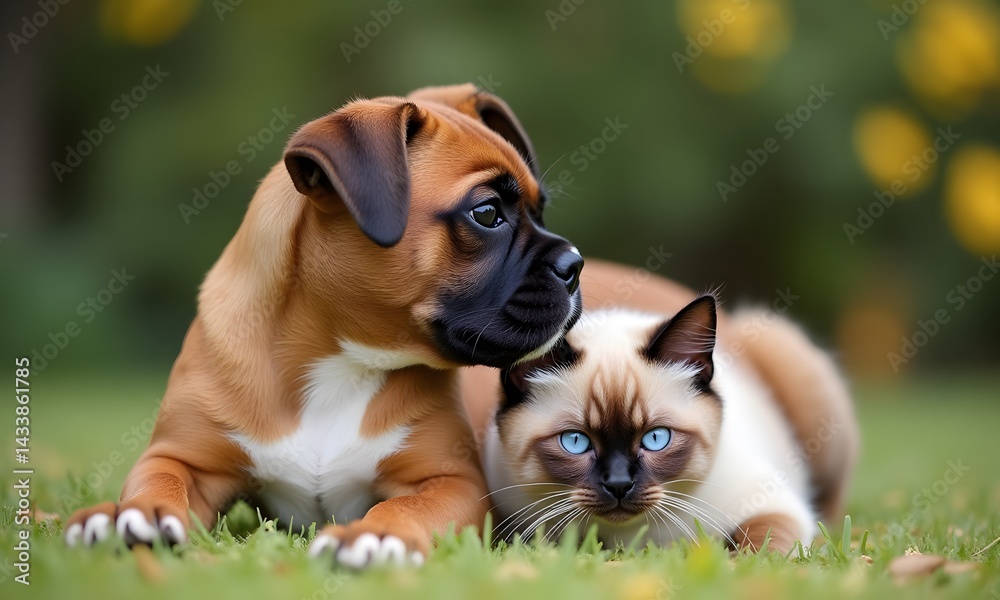 Obraz premium Peaceful Boxer Puppy and Blue-Eyed Siamese Kitten Resting in Garden Grass