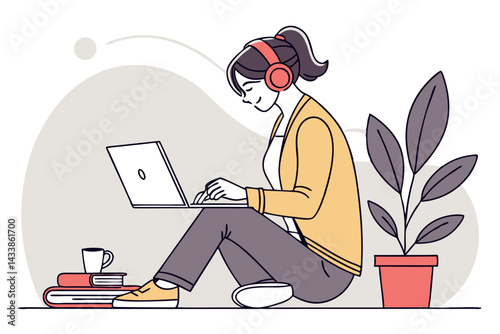 Young woman working on laptop at home with headphones and a plant nearby