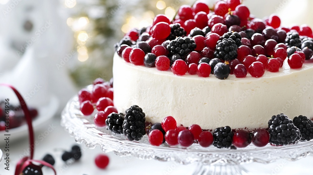 Festive berry cheesecake. A creamy cheesecake topped with a variety of fresh berries, creating a visually appealing dessert