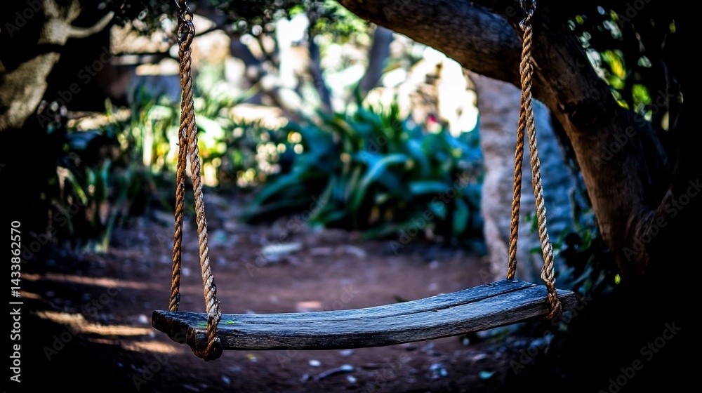 Rustic wooden swing in a garden setting. A simple swing set nestled among lush foliage and earthy tones