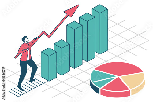 Businessperson analyzing data with growth chart and pie chart in a modern office, illustrating success and progress