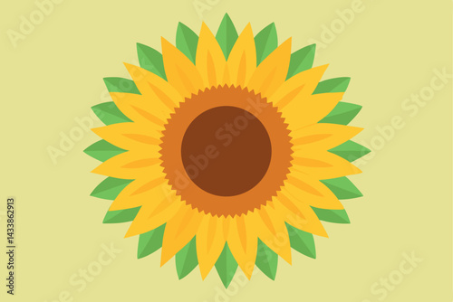 Bright sunflower with vibrant yellow petals and green leaves creating a cheerful display against a soft background