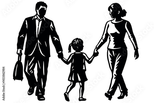 Family walking hand in hand with a child on a city sidewalk during the evening hours