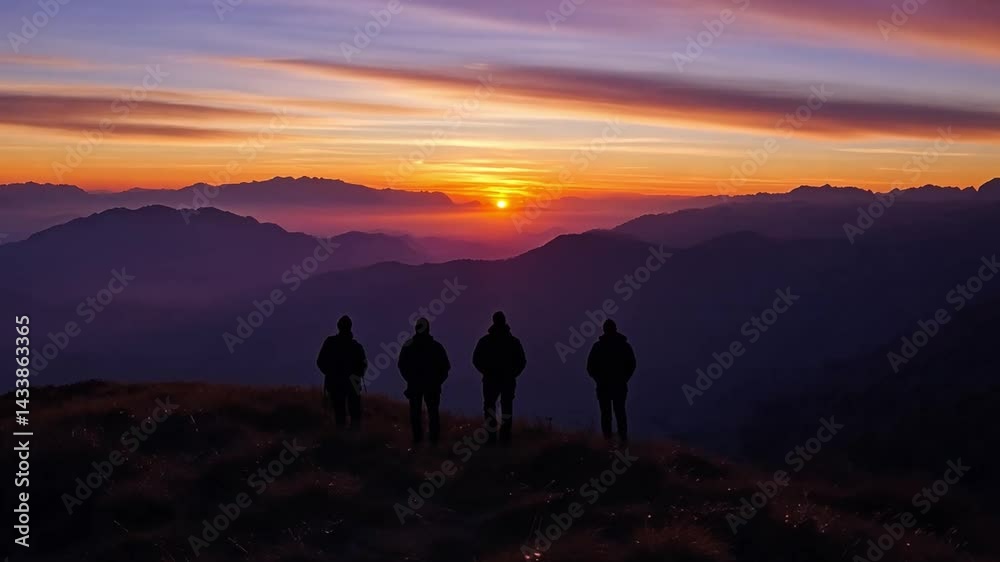 Silhouetted Figures Against a Dramatic Sunset Over Mountain Range with Colorful Sky and Clouds Silhouetted Figures Against a Dramatic Sunset Over Mountain Range with Colorful Sky and Clouds