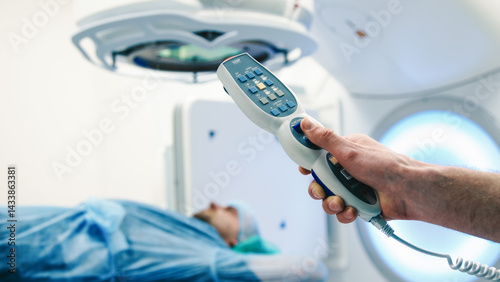 In a modern oncology clinic, a man is prepared for radiation therapy on a modern linear accelerator. Modern approaches to the treatment of oncology.