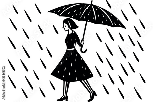 Woman walking in the rain with an umbrella during a gloomy day in a stylized art depiction