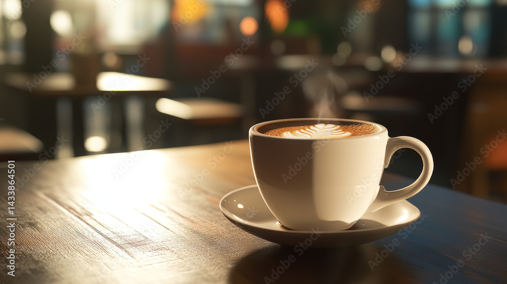 A white coffee cup with steam rising from it sits on a wooden table A white coffee cup with steam rising from it sits on a wooden table