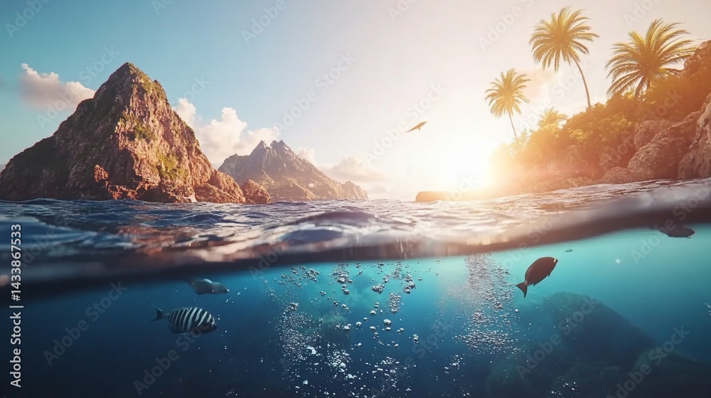 Tropical island paradise, underwater view