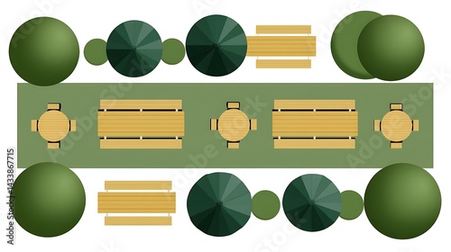 Flat and Simple Cartoon Look of Basic Beer Garden Layout with Tables and Trees