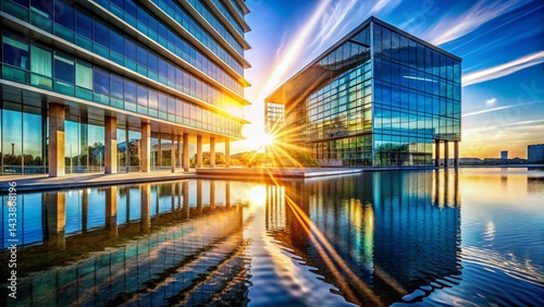 Sunlit Water Surface Architecture, Glowing Reflections, Modern Building Facade