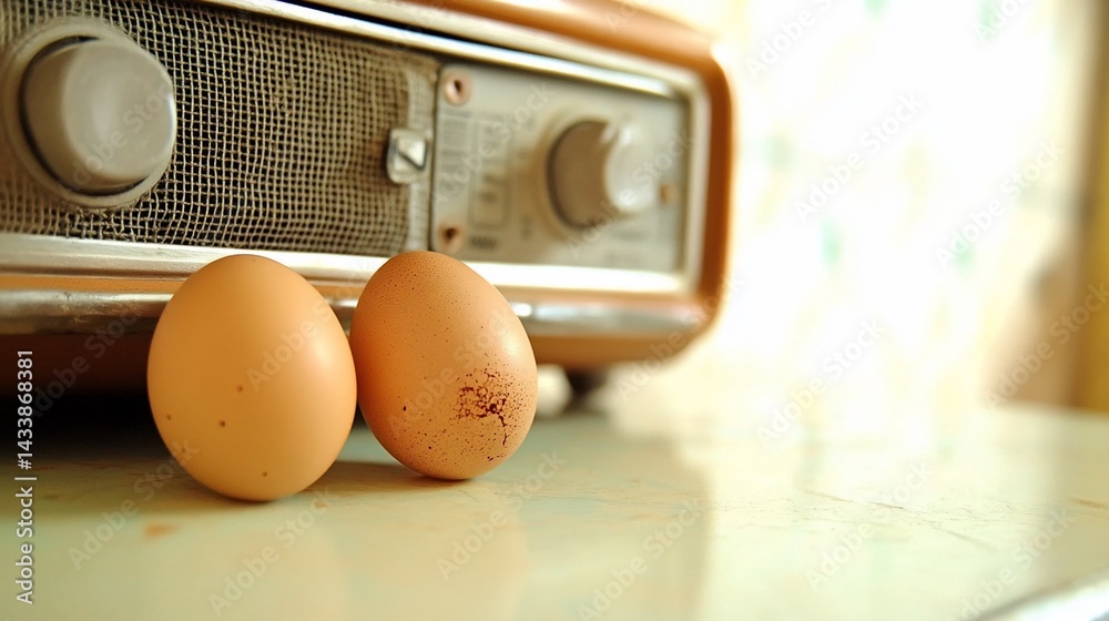Two eggs resting beside an old-fashioned radio