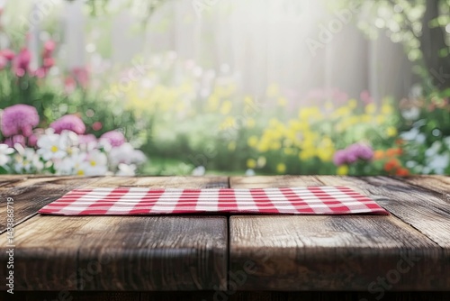 Wood Table and Checkered Cloth in Flower Garden