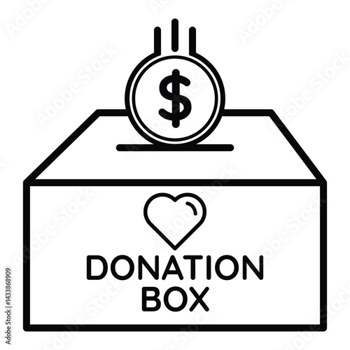 Charity donation box with heart and money coin icon vector illustration, fundraising support help giving nonprofit contribution aid kindness care.