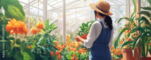 Gardener tending vibrant flowers in sunny greenhouse.