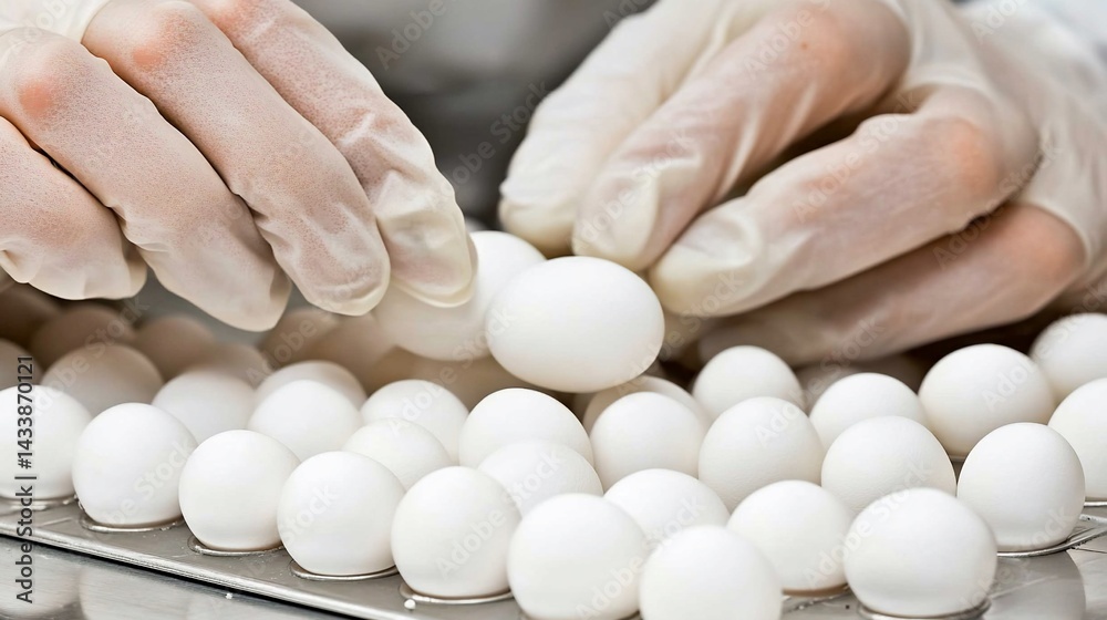 Hands in gloves arranging small, white food items