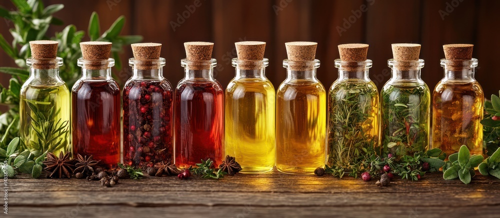 Herbal oils in glass bottles, wooden background, aromatherapy Herbal oils in glass bottles, wooden background, aromatherapy