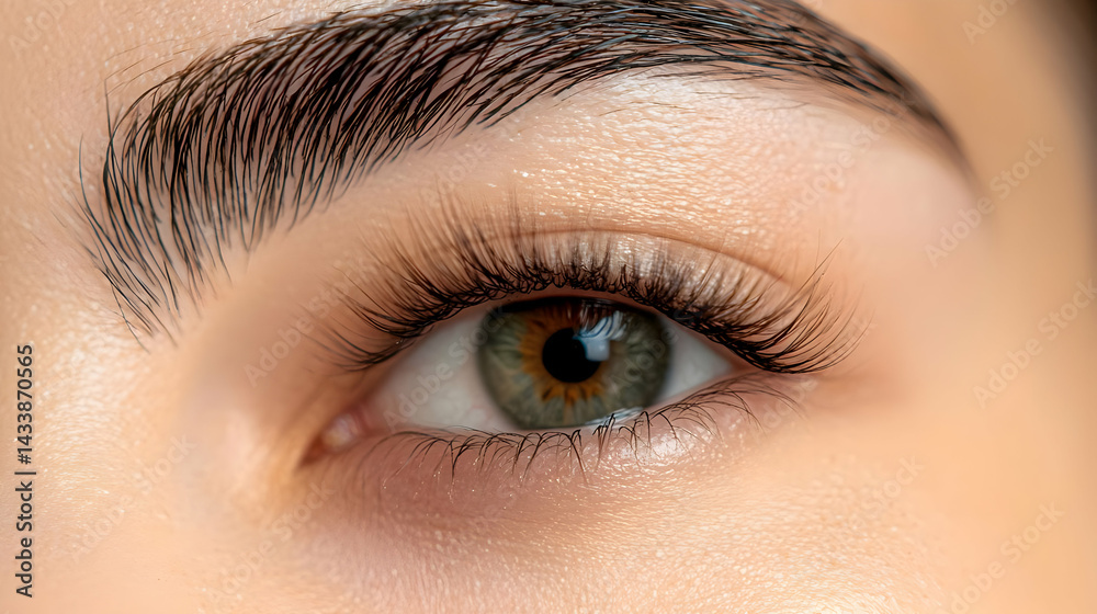 Obraz premium Close Up Shot of a Female Eye with Green Iris and Glitter Detail Displaying Long Eyelashes and Perfectly Groomed Eyebrows