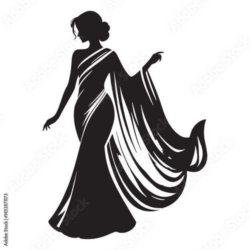 Elegant Saree silhouette, timeless traditional grace – Saree illustration – Minimalist Saree vector – Ladies dress silhouette

