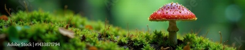 Moss-covered rainforest floor, vibrant mushroom emerging, design, texture