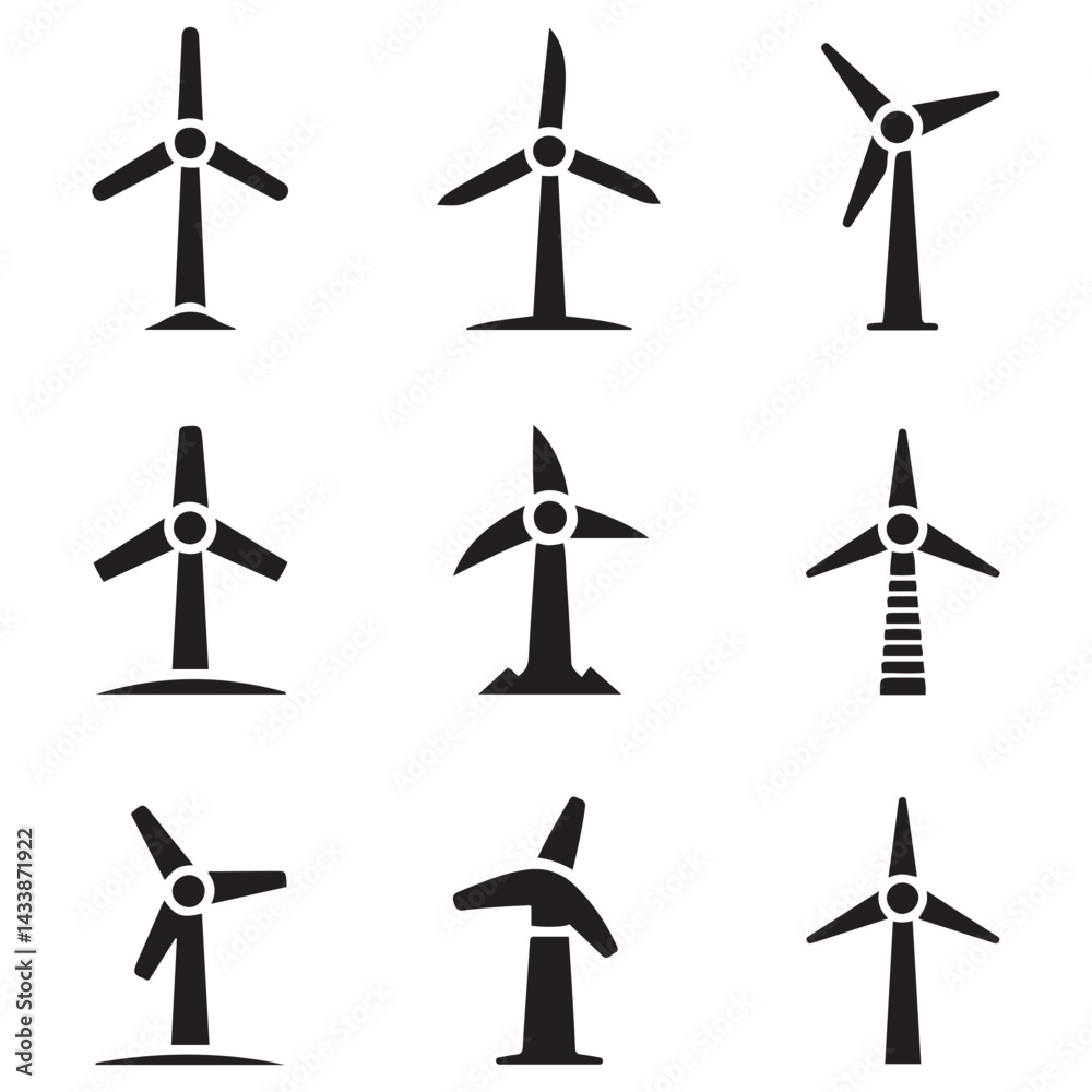 Windmill, turbine icon illustration. Vector Black silhouettes. with white background Windmill, turbine icon illustration. Vector Black silhouettes. with white background