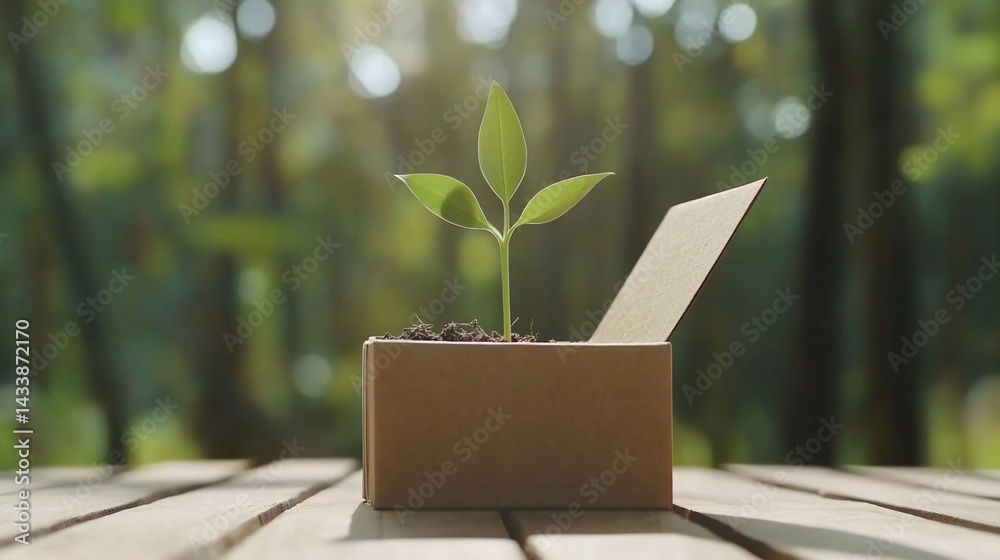 Small plant in a cardboard box. Growth from simple beginnings