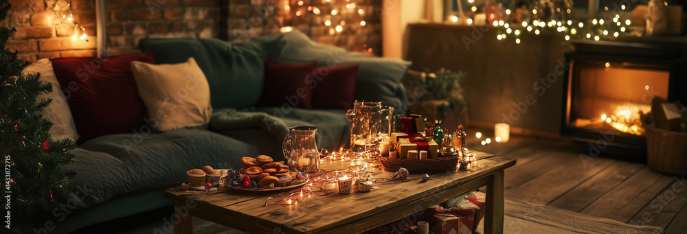 A cozy living room with copper wire lights, gifts piled near the couch, snacks on the table