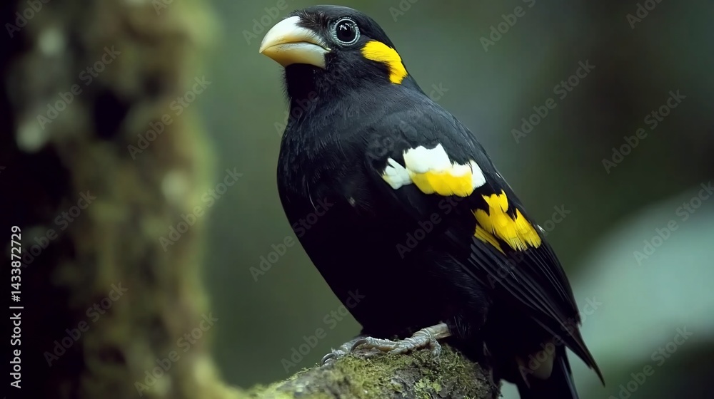 Black bird with gold accents perched