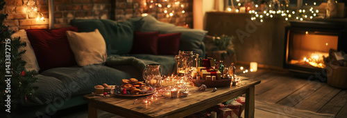 Obraz na płótnie A cozy living room with copper wire lights, gifts piled near the couch, snacks on the table w salonie