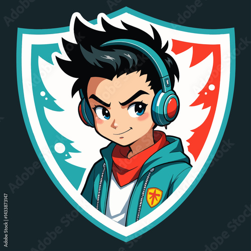 Anime Boy with Headphones in Shield Emblem