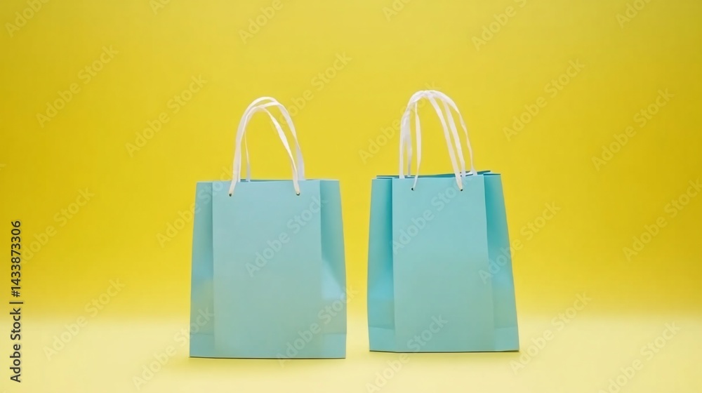 Two light teal shopping bags against a bright yellow background