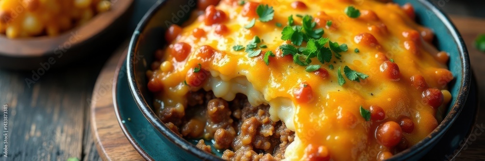 Overhead shot of comforting beef & potato casserole, cheesy topping , comfort food, overhead, casserole Overhead shot of comforting beef & potato casserole, cheesy topping , comfort food, overhead, casserole