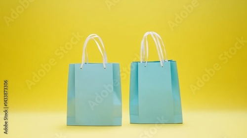 Obraz na płótnie Two light teal shopping bags against a bright yellow background w salonie