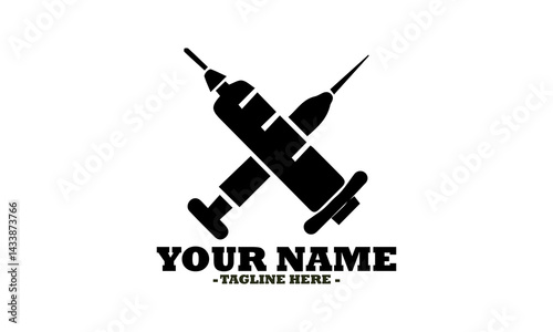 Black silhouette of a medical syringe with a needle for injection isolated against a white backdrop. Healthcare concept, vector Icon syringe and syringe Icon logo design