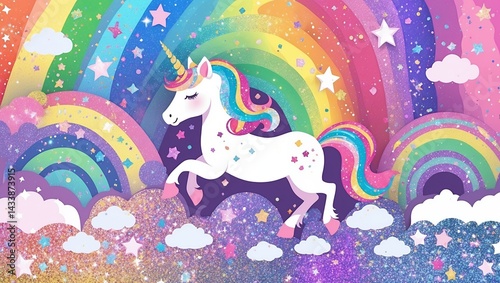 Colorful unicorn fantasy with rainbow glitter background