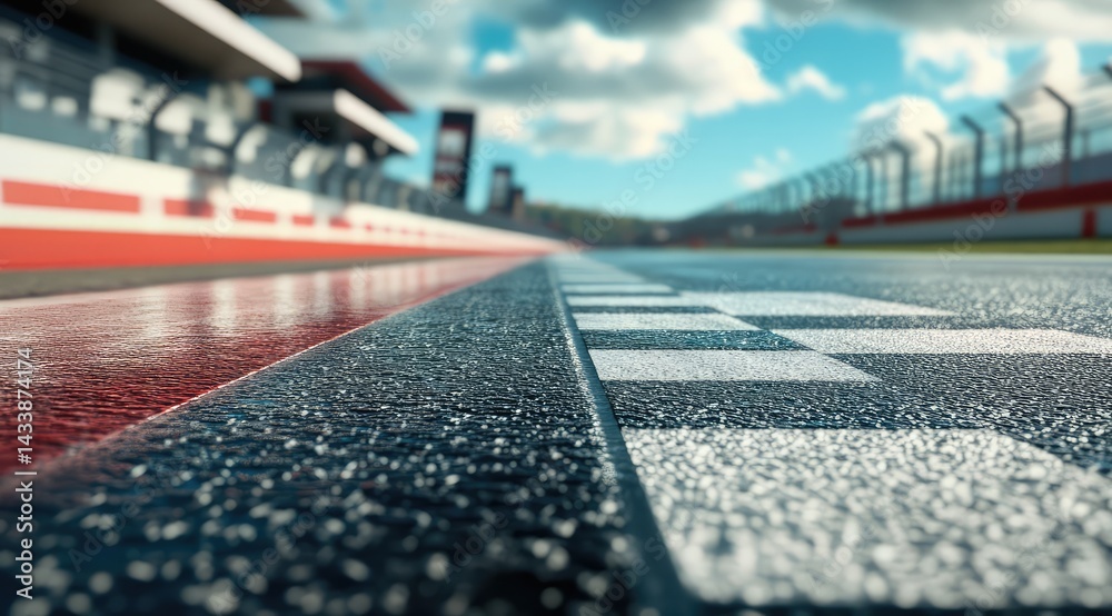 Fototapeta premium Wet race track, checkered flag start/finish line